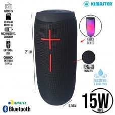 Caixa de Som Bluetooth/SD/USB/Aux/Type C TWS Portátil Resistente à Água IPX6 15W RMS LED KIMASTER - K460 Preto Vermelha